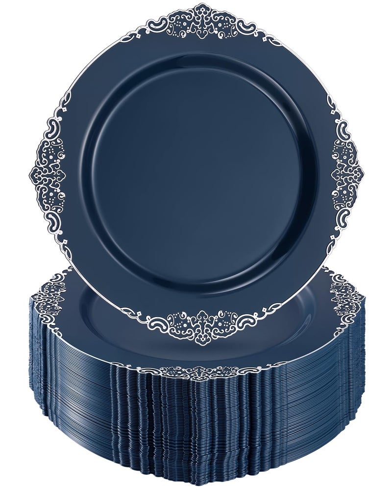 Goodluck 100PCS Navy Blue Plastic Plates with vintage silver trim â€“ 10.25â€ Heavy Duty Disposable Dinner Plates & Party Plates for Weddings, Parties, Events â€“ Elegant, Sturdy - Image 1