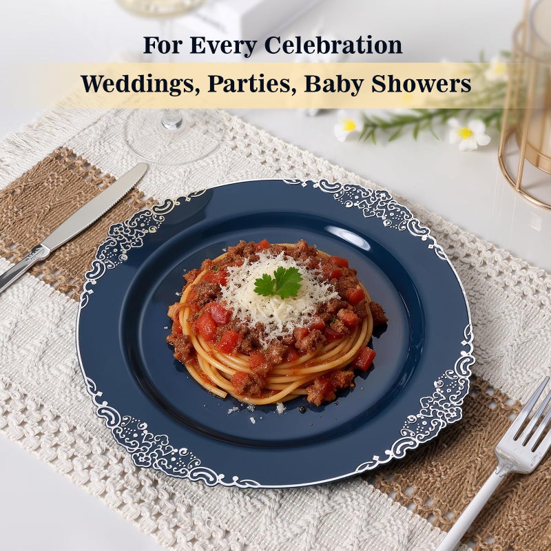 Goodluck 100PCS Navy Blue Plastic Plates with vintage silver trim â€“ 10.25â€ Heavy Duty Disposable Dinner Plates & Party Plates for Weddings, Parties, Events â€“ Elegant, Sturdy - Image 4