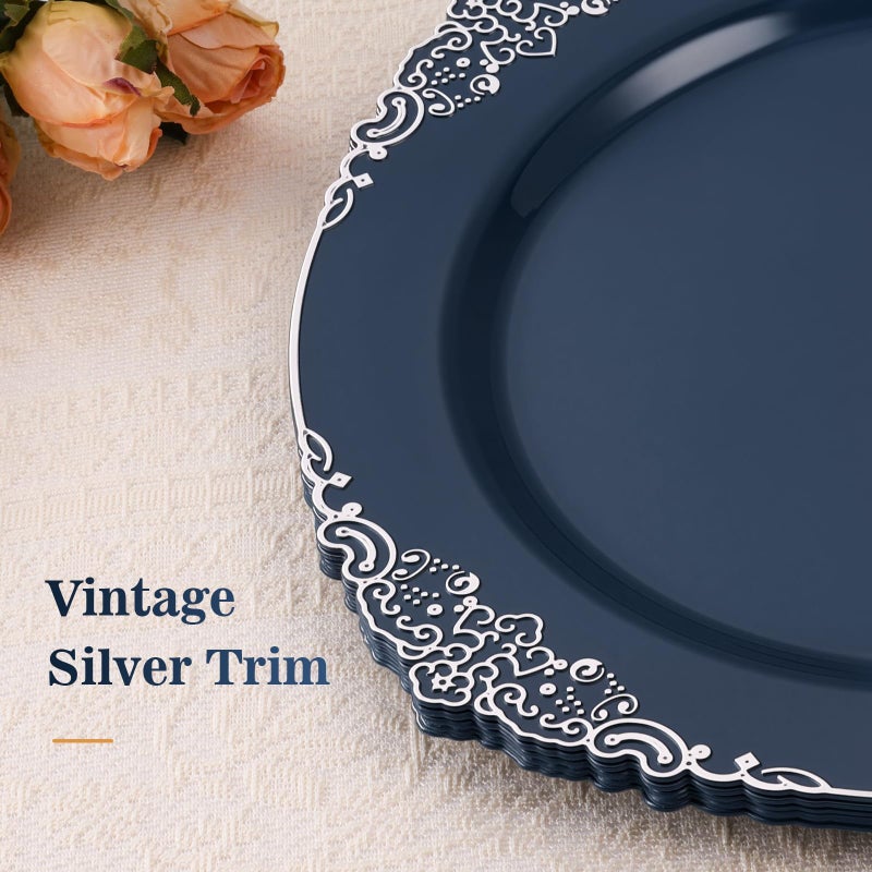 Goodluck 100PCS Navy Blue Plastic Plates with vintage silver trim â€“ 10.25â€ Heavy Duty Disposable Dinner Plates & Party Plates for Weddings, Parties, Events â€“ Elegant, Sturdy - Image 3