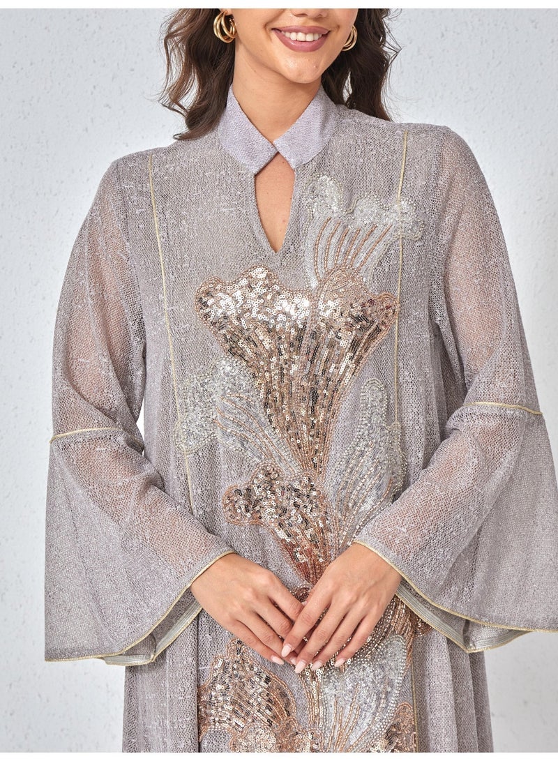 Kaiyuede Elegant Grey Modest Abaya | Luxurious Rose Gold & Silver Sequin Floral Embroidery Glitter Maxi Dress - Image 3