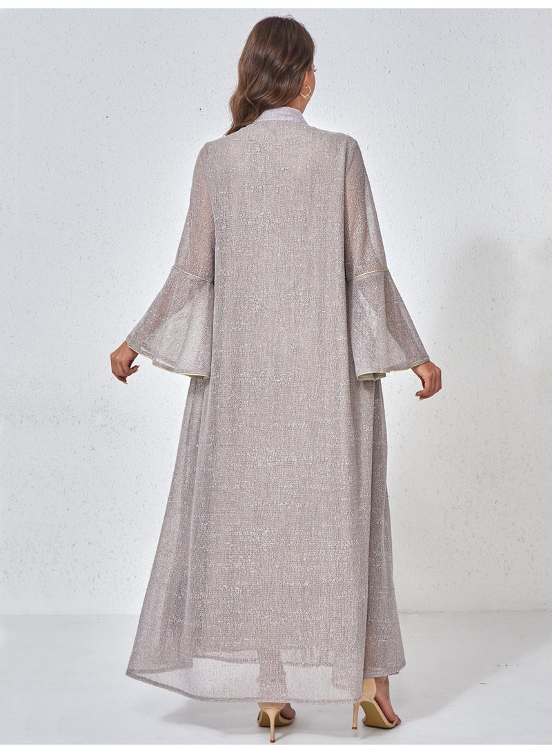 Kaiyuede Elegant Grey Modest Abaya | Luxurious Rose Gold & Silver Sequin Floral Embroidery Glitter Maxi Dress - Image 2