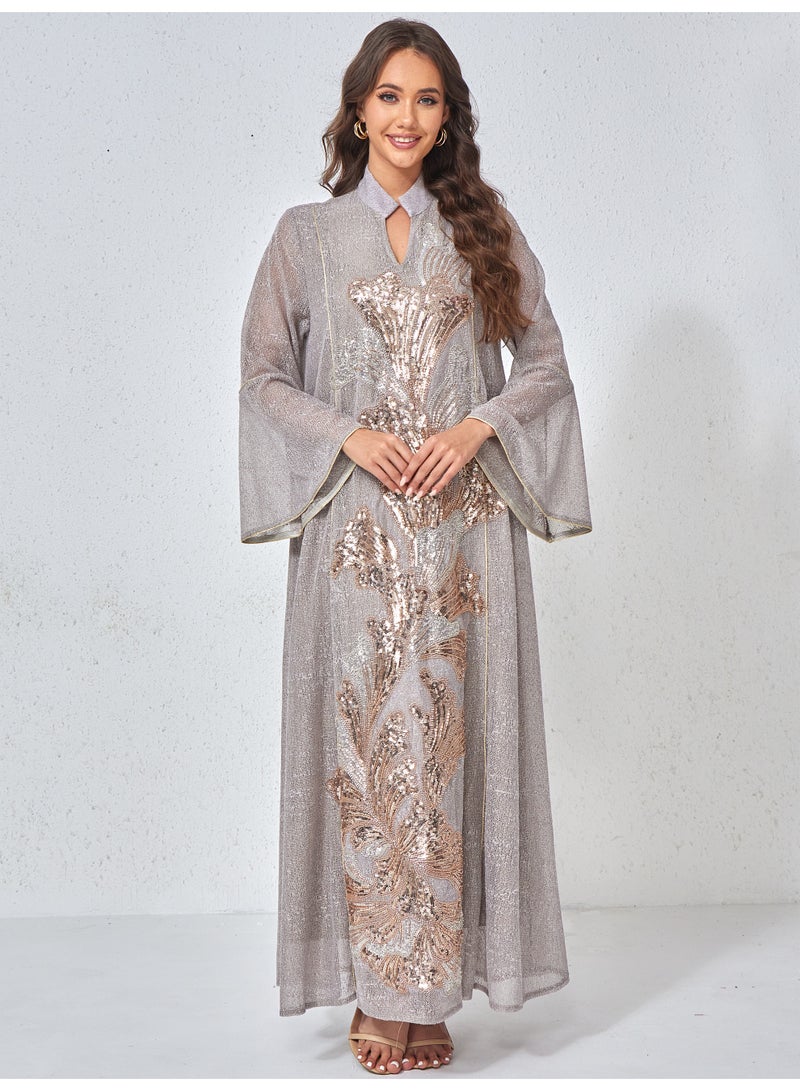 Kaiyuede Elegant Grey Modest Abaya | Luxurious Rose Gold & Silver Sequin Floral Embroidery Glitter Maxi Dress - Image 4