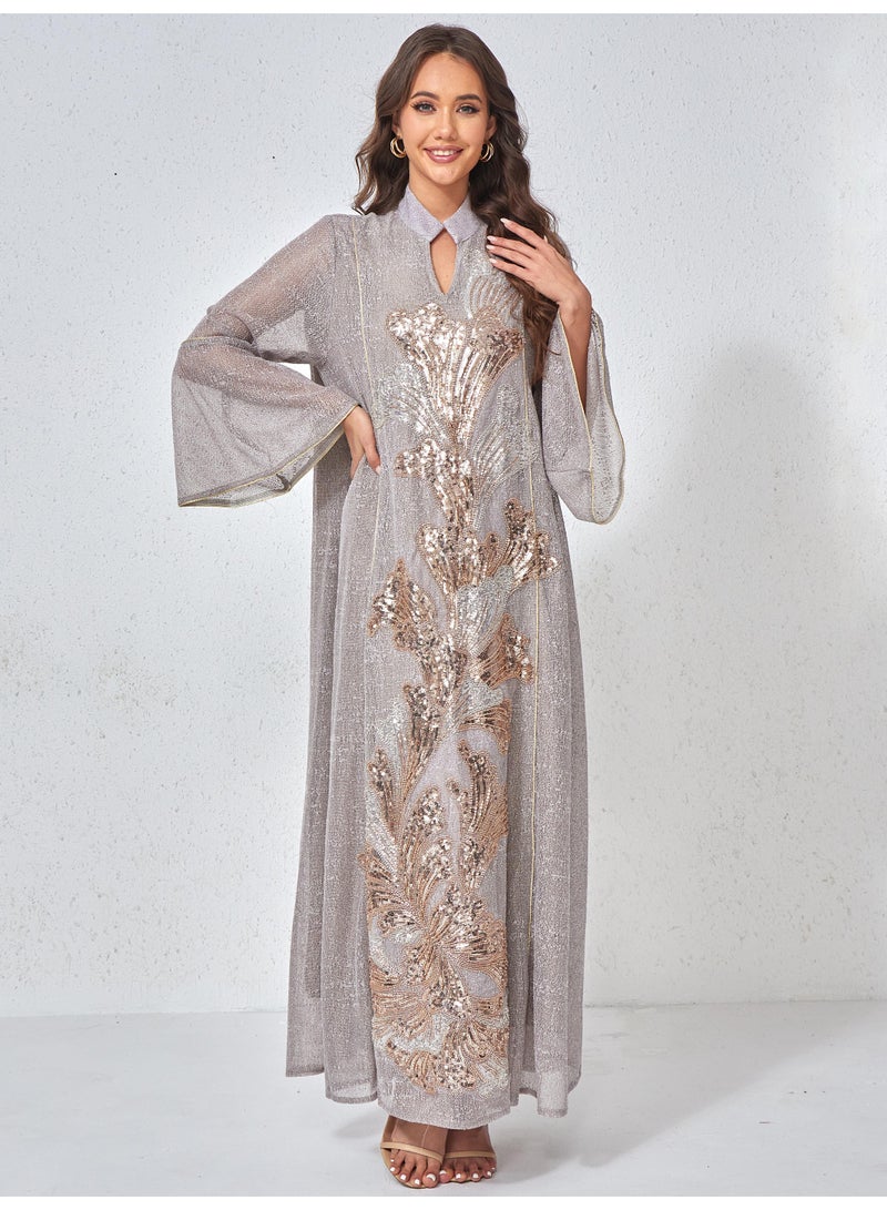 Kaiyuede Elegant Grey Modest Abaya | Luxurious Rose Gold & Silver Sequin Floral Embroidery Glitter Maxi Dress - Image 1
