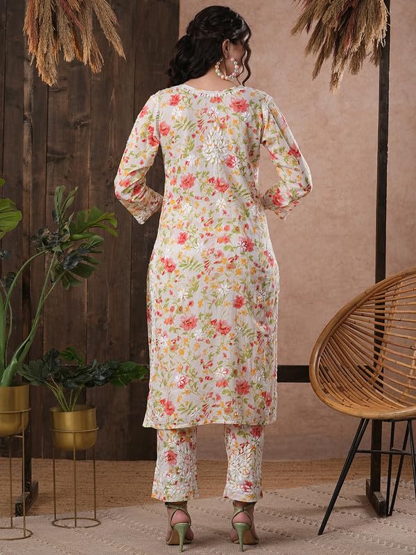 Ada Women Cotton Floral Hand Embroidered Lucknow Chikankari White Kurta And Palazzo Co-Ord Set A811246 (2Xl) - Image 2