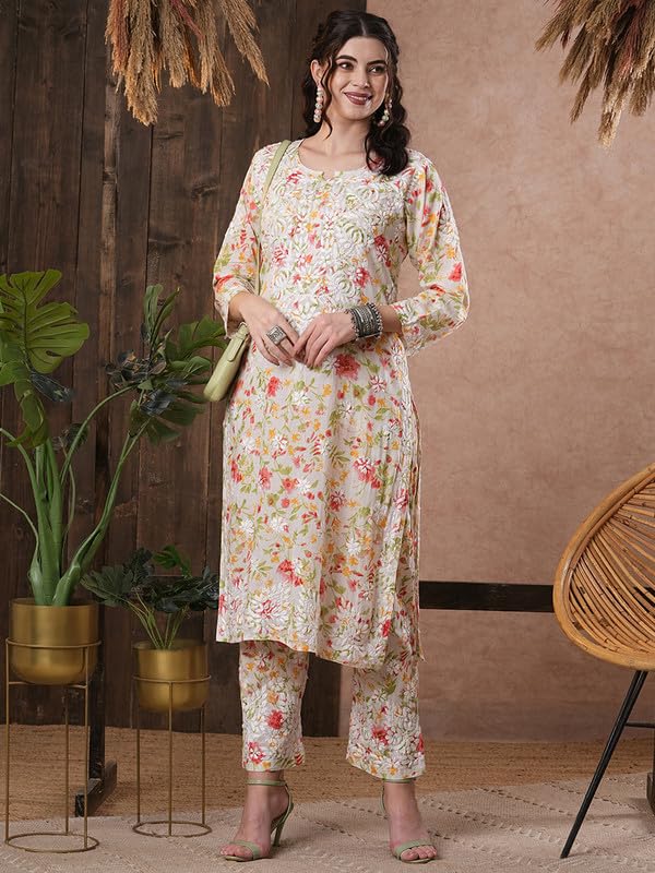 Ada Women Cotton Floral Hand Embroidered Lucknow Chikankari White Kurta And Palazzo Co-Ord Set A811246 (2Xl) - Image 4