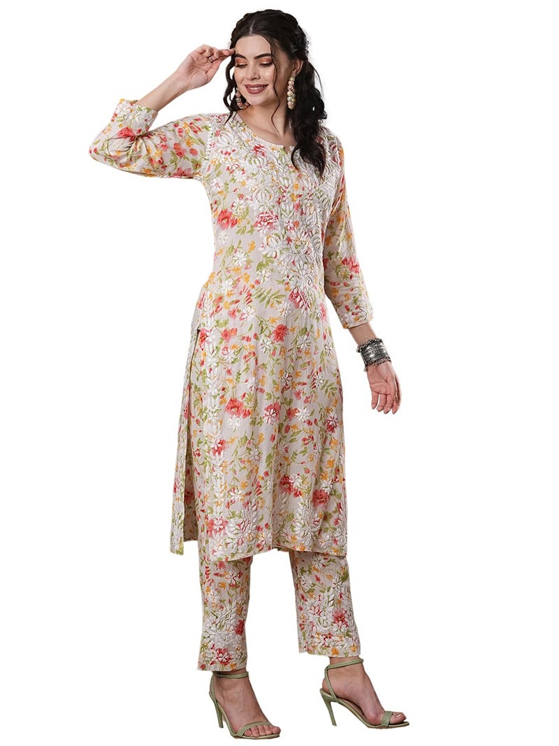 Ada Women Cotton Floral Hand Embroidered Lucknow Chikankari White Kurta And Palazzo Co-Ord Set A811246 (2Xl) - Image 1