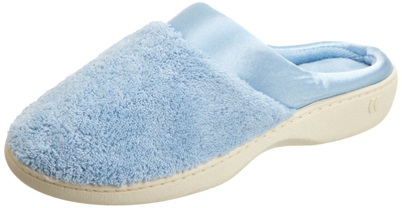 isotoner Women's Microterry PillowStep Satin Cuff Clog Slippers, Blue, 9.5-10 B(M) US - Image 3