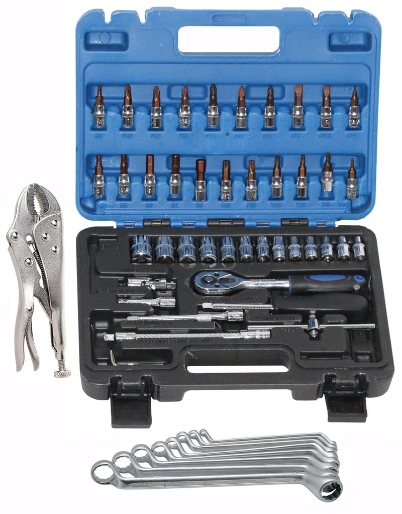 Digital Craft Hand Tool Kit Car Ratchet Wrench Assembly Tool Household Repair Tools Automotive Set 46PC Socket Set8Pc Ring Spanner Set10 Inch Lock Plier - Image 1