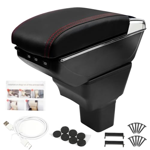 GSTP Center Console Armrest Compatible with Nissan Kicks 2016 2017 2018 2019 2020 2021 with 7 USB Port Cup Holder Double Layer Organizer Storage Box (Black with Red Line) - Image 1