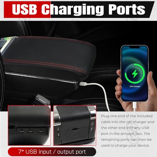 GSTP Center Console Armrest Compatible with Nissan Kicks 2016 2017 2018 2019 2020 2021 with 7 USB Port Cup Holder Double Layer Organizer Storage Box (Black with Red Line) - Image 3