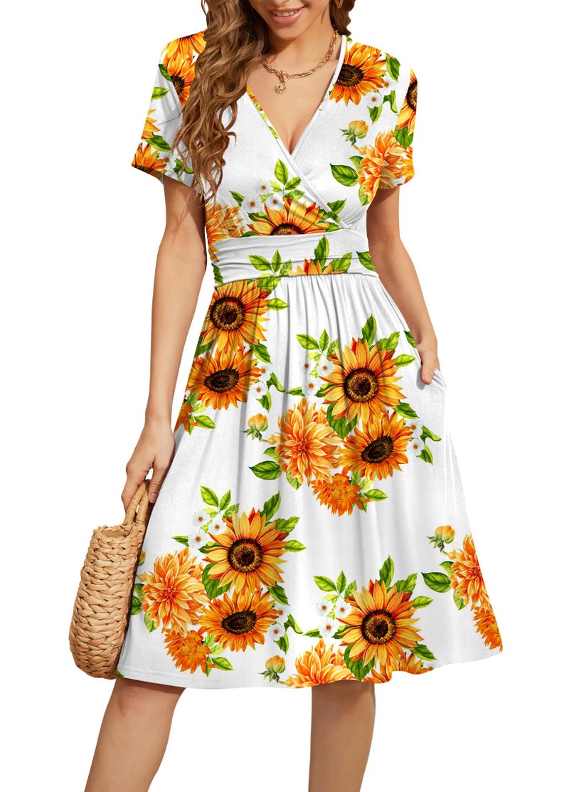 WEACZZY Summer Dress for Women Casual Short Sleeve Sundress Wrap V-Neck Party Dress with Pockets,Floral Sunflower White,L - Image 5