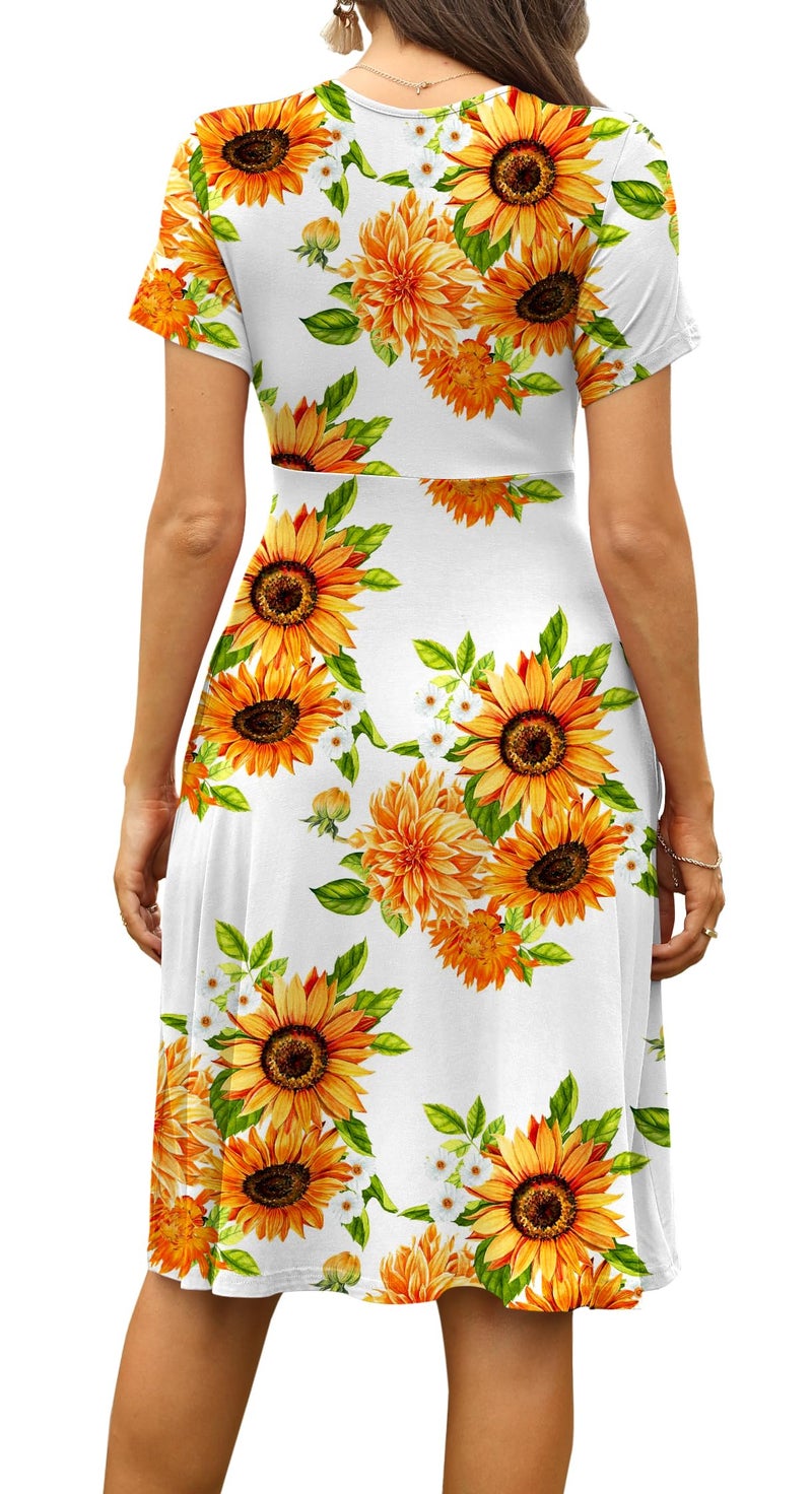 WEACZZY Summer Dress for Women Casual Short Sleeve Sundress Wrap V-Neck Party Dress with Pockets,Floral Sunflower White,L - Image 3