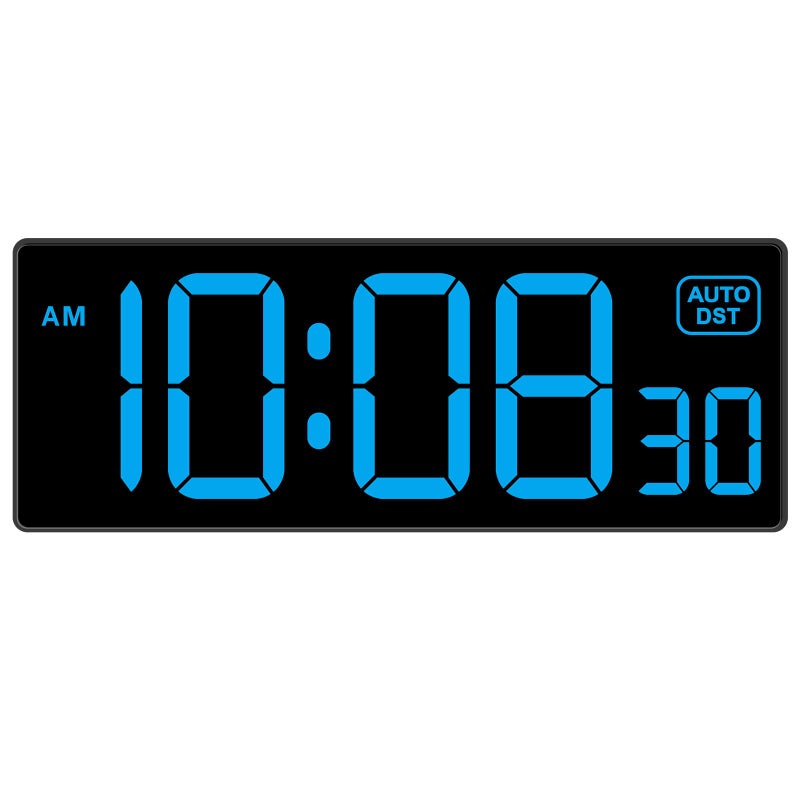 Soobest LED Wall Clock Digital Clock with Seconds Electric Plug in Large Big Numbers Clock 5 Dimmers Wall Mount for Living Room Auto DST 10 Inches Blue
