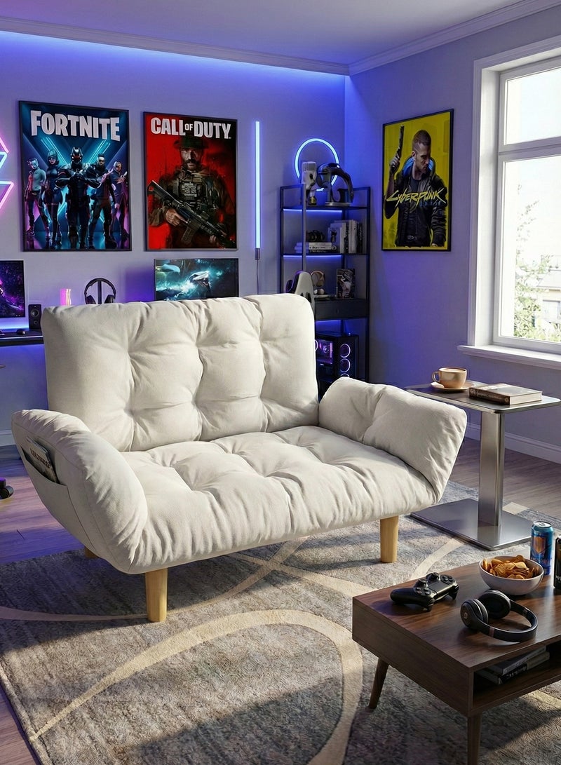 تايمي أريكة سرير قابله للطي 2 في 1 - أريكة استرخاء بذراعين ومسند ظهر قابل للتعديل، سرير قابل للطي لغرفة المعيشة والمكتب، 110×30×60 سم - أبيض - Image 1