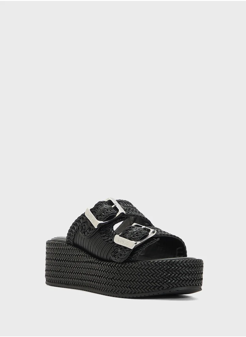 GUESS Multi Strap Mid Heel Wedges Sandals