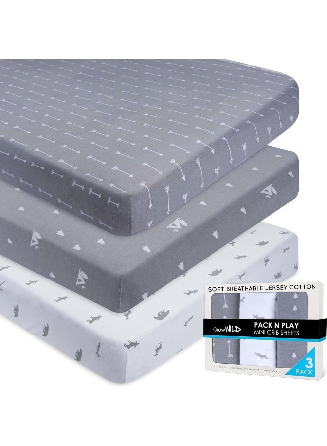 GrowWILD GROW WILD Pack n Play Sheets 3-Pack | Baby Mini Crib Sheets for Boys or Girls | Soft Pack and Play Mattress and Crib Bedding Set | Playard Jersey Cotton Fitted Crib Sheets - Woodland Animal Gray White  - Image 1