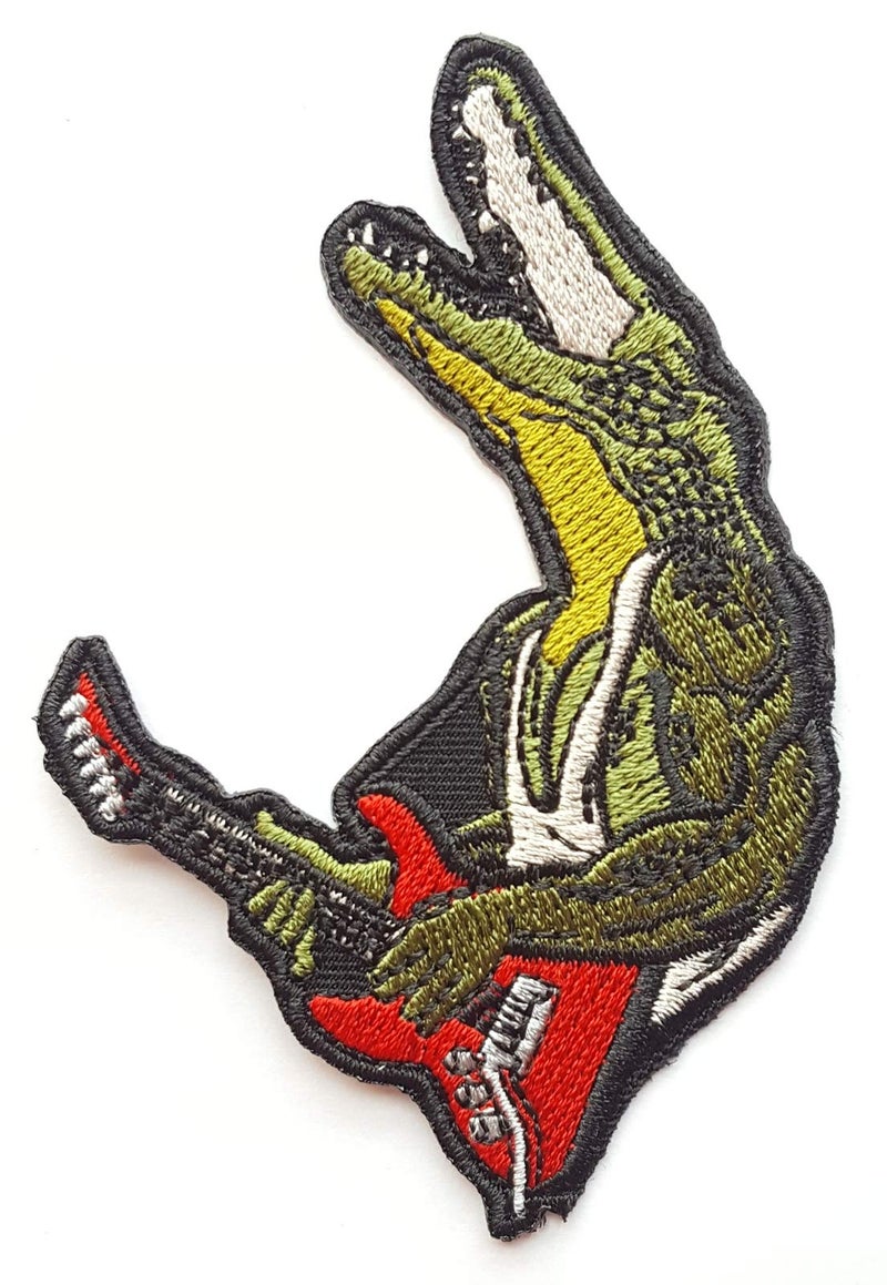 Nice Night Cartoon Patches Funny Crocodile Rock and Roll Red Guitar Punk Rock Patches Appliques Fabric Decorating for Hat Cap Polo Backpack Clothing Jacket TShirt DIY Embroidered Iron OnSew On Patch 