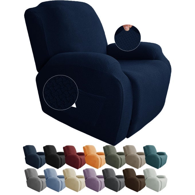 4PIECE RECLINER CHAIR COVERS STRETCH JACQUARD COVERS FOR RECLINING CHAIR RECLINER SLIPCOVERS FOR LIVING ROOM SOFT RECLINER PROTECTOR WITH POCKET RECLINER NAVY BLUE