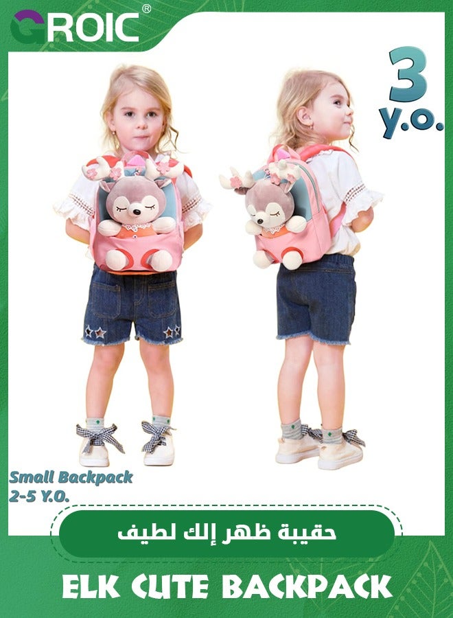 GROIC Cute Toddler Backpack for Girls,Little Doll Stuffed Animal kids Plush Backpack,Kids Backpacks with Soft Animal Dolls,Elk Cute Backpack,Plush Purses  - Image 2