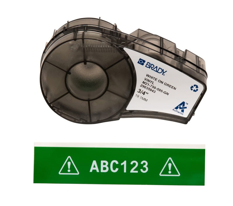 Brady Authentic (M21-750-595-GN) All-Weather Vinyl Label for Indoor/Outdoor ID, Lab and Equipment Labeling, White on Green- For M210, M210-LAB, M211, BMP21-PLUS and BMP21-LAB Printers, .75" W, 21' L - Image 1