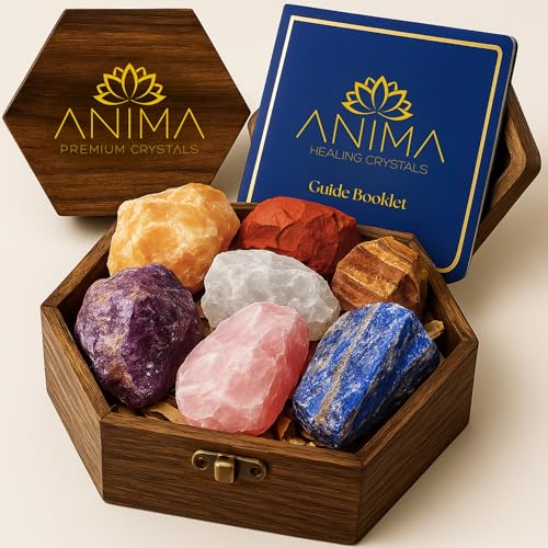 Anima Premium 7 Chakra Healing Crystals Set for Energy Alignment - Large Raw Amethyst, Rose Quartz, Citrine, Lapis Lazuli, Clear Quartz, Tigers Eye & Red Jasper - Wooden Gift Box & Guidebook Included - Image 1