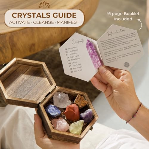 Anima Premium 7 Chakra Healing Crystals Set for Energy Alignment - Large Raw Amethyst, Rose Quartz, Citrine, Lapis Lazuli, Clear Quartz, Tigers Eye & Red Jasper - Wooden Gift Box & Guidebook Included - Image 4