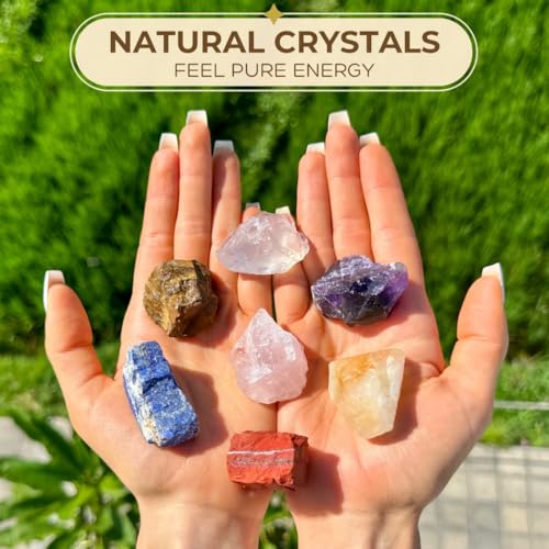 Anima Premium 7 Chakra Healing Crystals Set for Energy Alignment - Large Raw Amethyst, Rose Quartz, Citrine, Lapis Lazuli, Clear Quartz, Tigers Eye & Red Jasper - Wooden Gift Box & Guidebook Included - Image 2