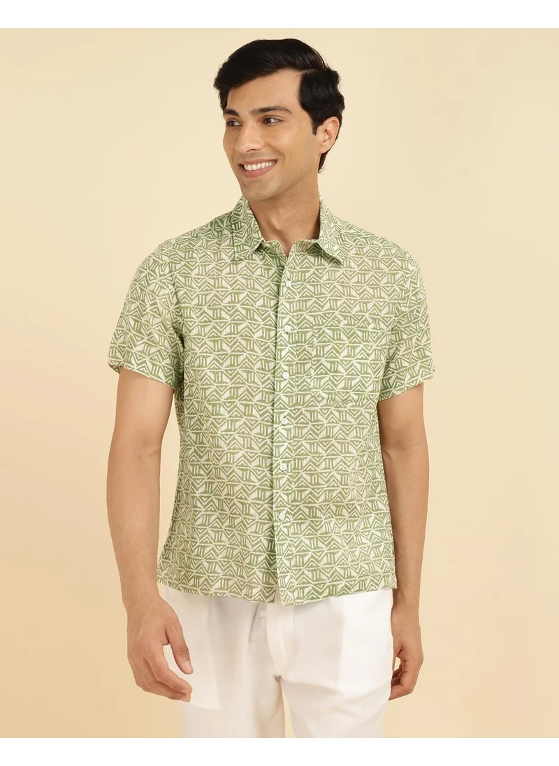Fabindia Green Cotton Hand Block Printed Shirt