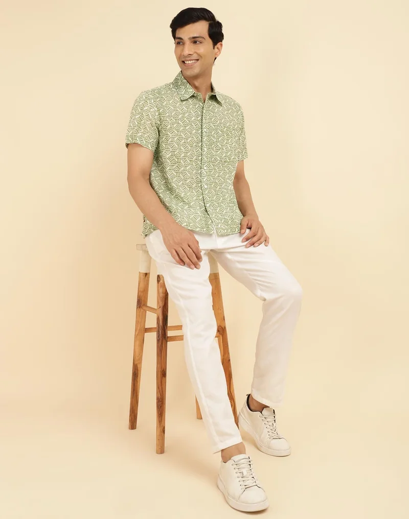 Fabindia Green Cotton Hand Block Printed Shirt