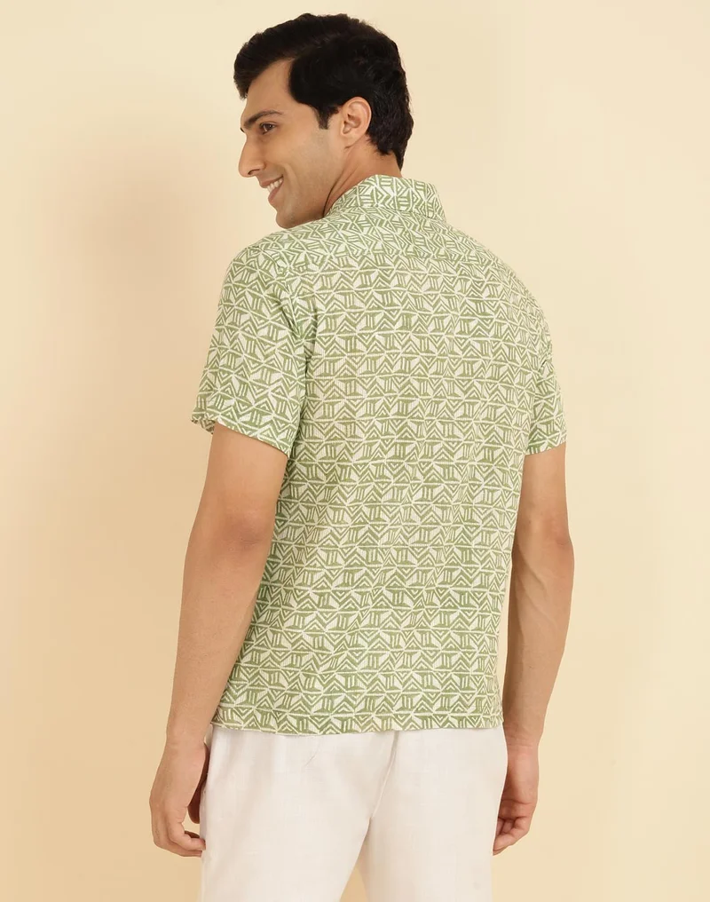 Fabindia Green Cotton Hand Block Printed Shirt