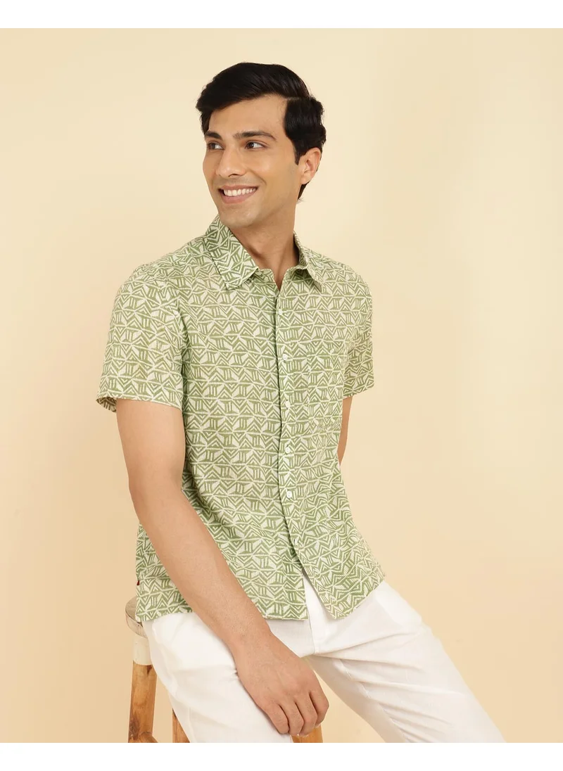 Fabindia Green Cotton Hand Block Printed Shirt
