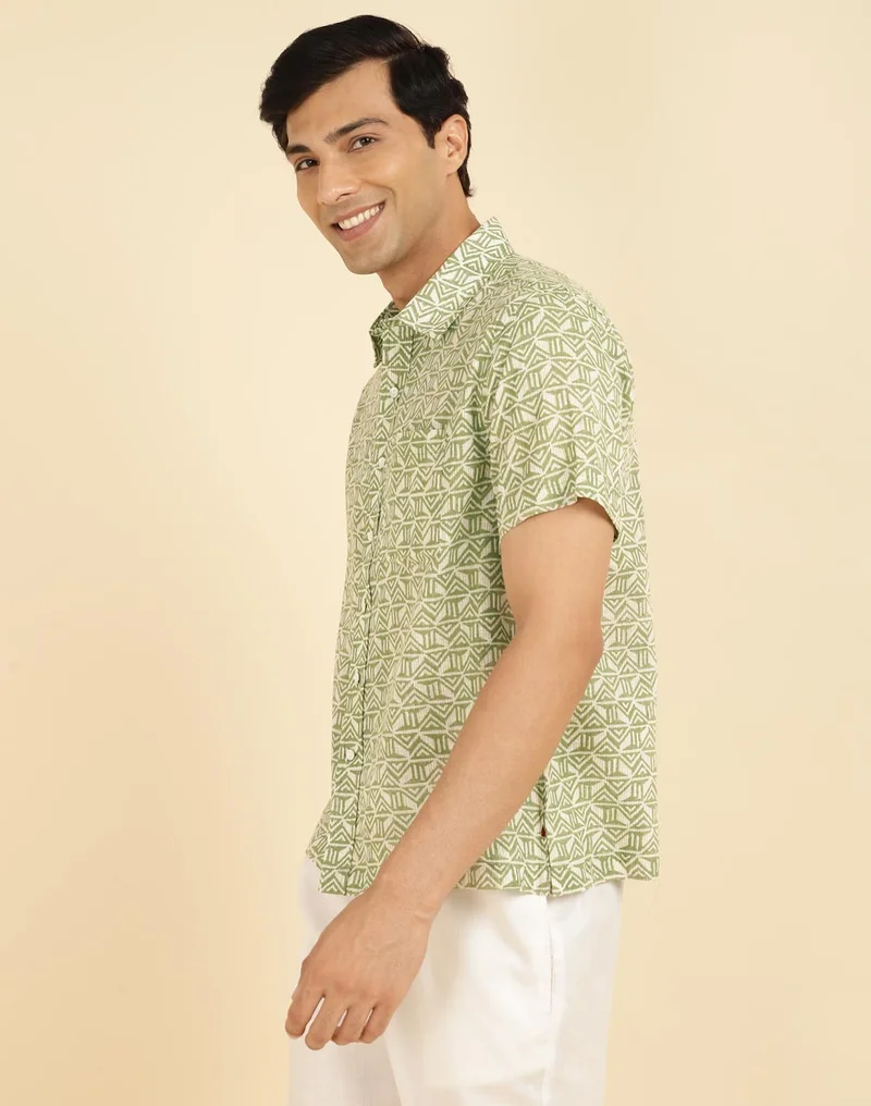Fabindia Green Cotton Hand Block Printed Shirt