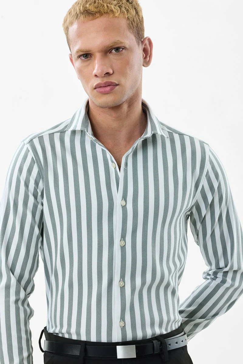 SNITCH Sage Green Striped Long Sleeve Slim Fit Luxe Shirt