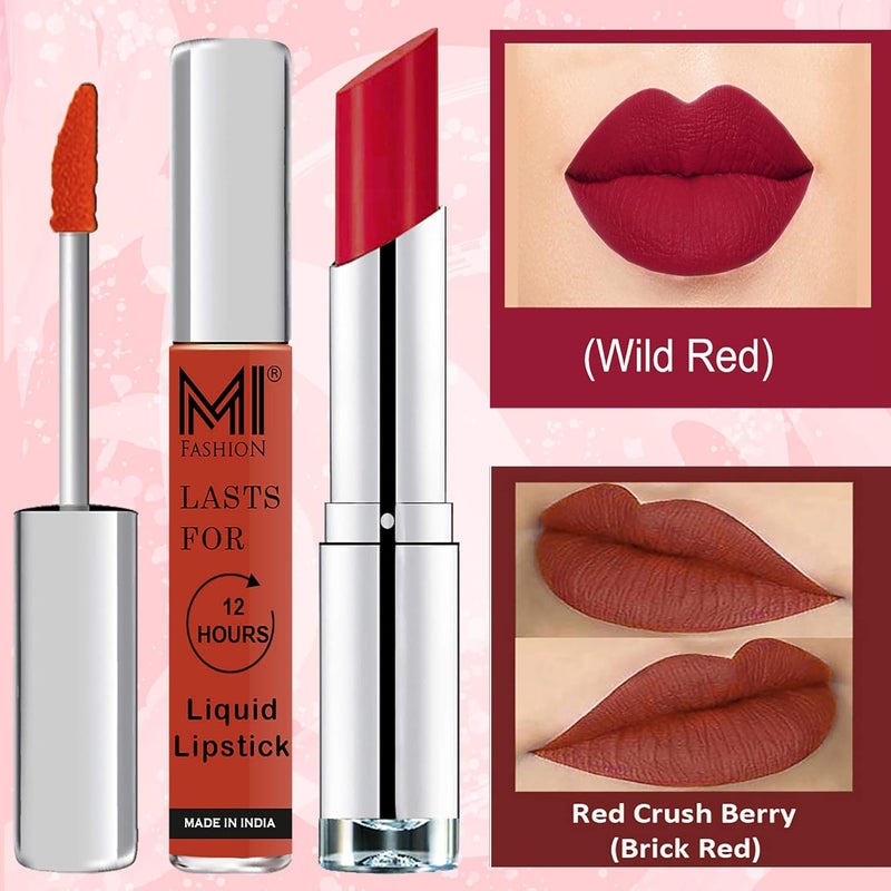 MI Fashion Made in India Lipstick Combo Offers 100 Veg Long Lasting Brick Red Liquid Matte Lipstick Red Bomber Creamy Matte Lipstick - Image 3