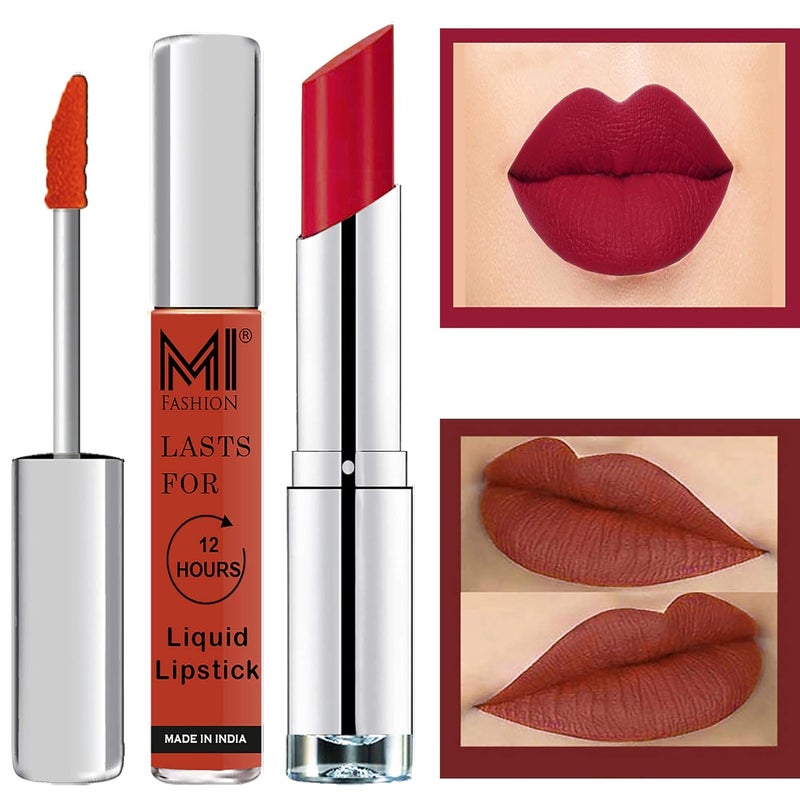 MI Fashion Made in India Lipstick Combo Offers 100 Veg Long Lasting Brick Red Liquid Matte Lipstick Red Bomber Creamy Matte Lipstick - Image 1