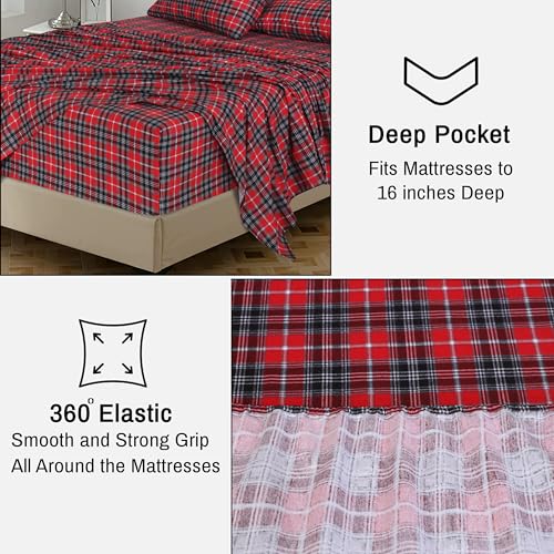 RUVANTI Flannel Sheets Queen Size - 100% Cotton Double Brushed Bed Sheets, Deep Pockets 16 Inches Queen Sheet Set, All Seasons Breathable & Extra Soft - Warm & Cozy, 4 Piece, Red Plaid - Image 5