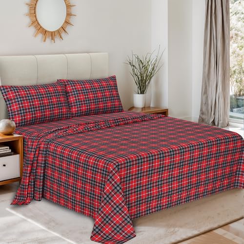RUVANTI Flannel Sheets Queen Size - 100% Cotton Double Brushed Bed Sheets, Deep Pockets 16 Inches Queen Sheet Set, All Seasons Breathable & Extra Soft - Warm & Cozy, 4 Piece, Red Plaid - Image 2
