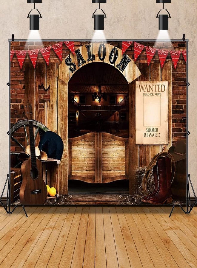 Eainb 8x6ft Vintage West Saloon Backdrop,Retro Western Cowboy Background Western Party Supplies Wooden House Barn Banner Cowboy Decoration Photo Booth Backdrop Background (Saloon) - Image 1