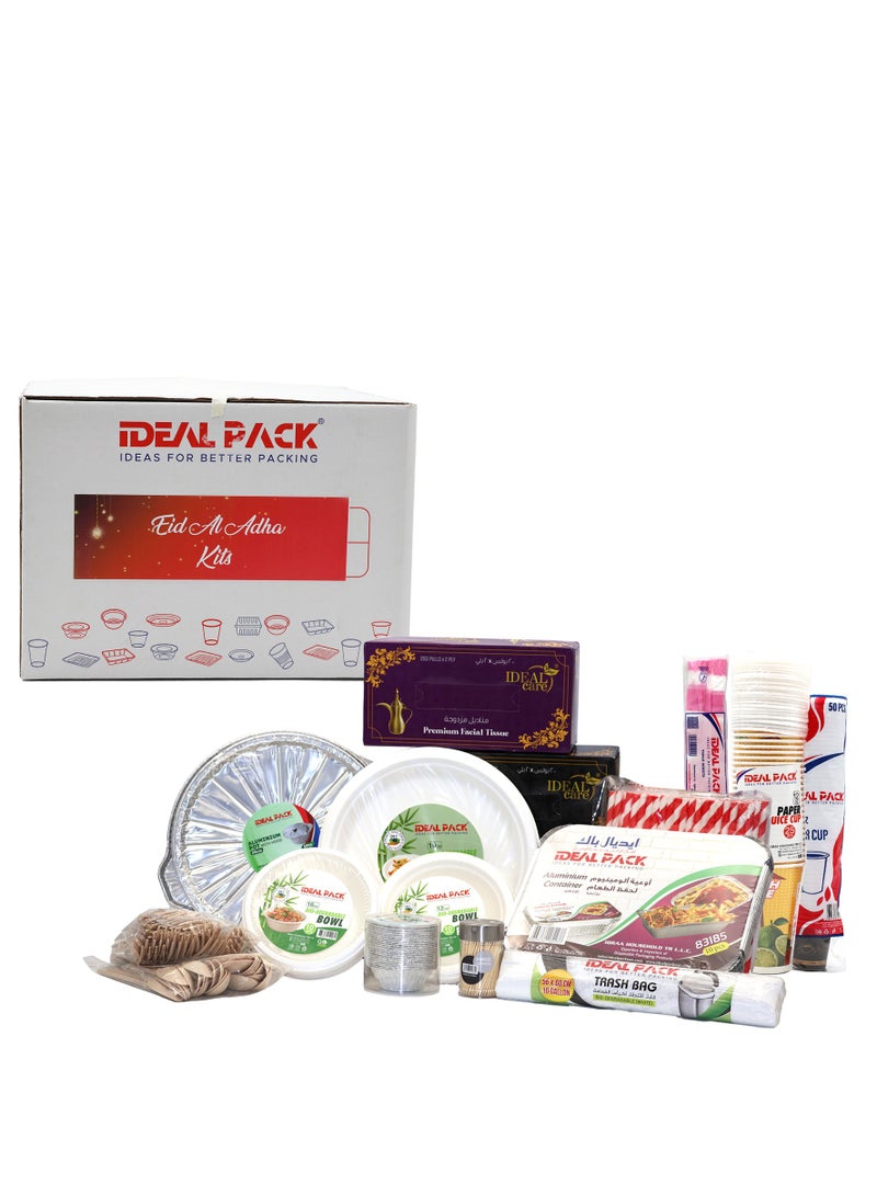 IDEAL PACK Eid Al Adha Premium Disposable Tableware Kit – Complete 50+ Piece Set with Plates, Bowls, Cups, Aluminum Trays, Cutlery, Tissues, Trash Bags - Image 1