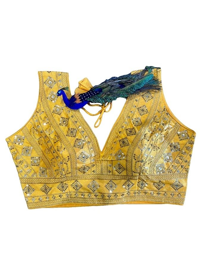 Pujia Mills Women's Silk Embroidery Sequins Zari Work Readymade Saree Blouse - Image 4