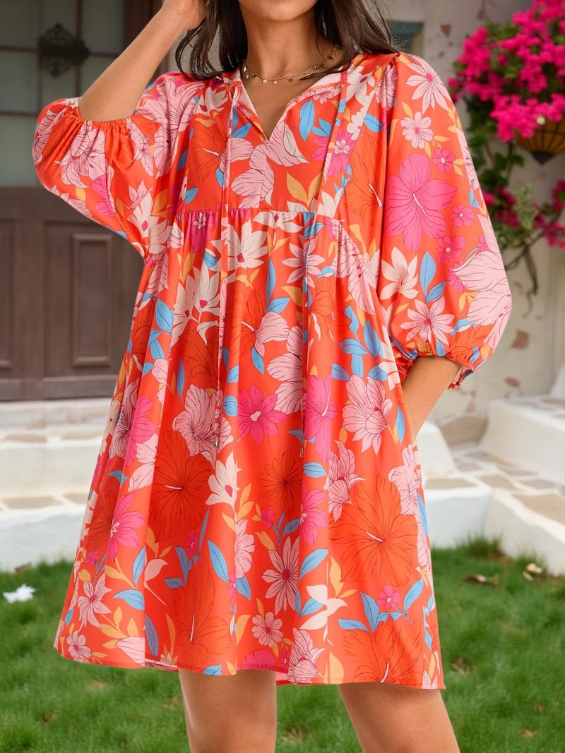 Yousify Summer Dresses for Women V Neck Drawstring Lantern Sleeve Floral Mini Dress Loose Fit Vacation Sundress Orange Red - Image 5