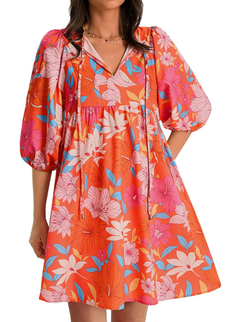 Yousify Summer Dresses for Women V Neck Drawstring Lantern Sleeve Floral Mini Dress Loose Fit Vacation Sundress Orange Red - Image 1