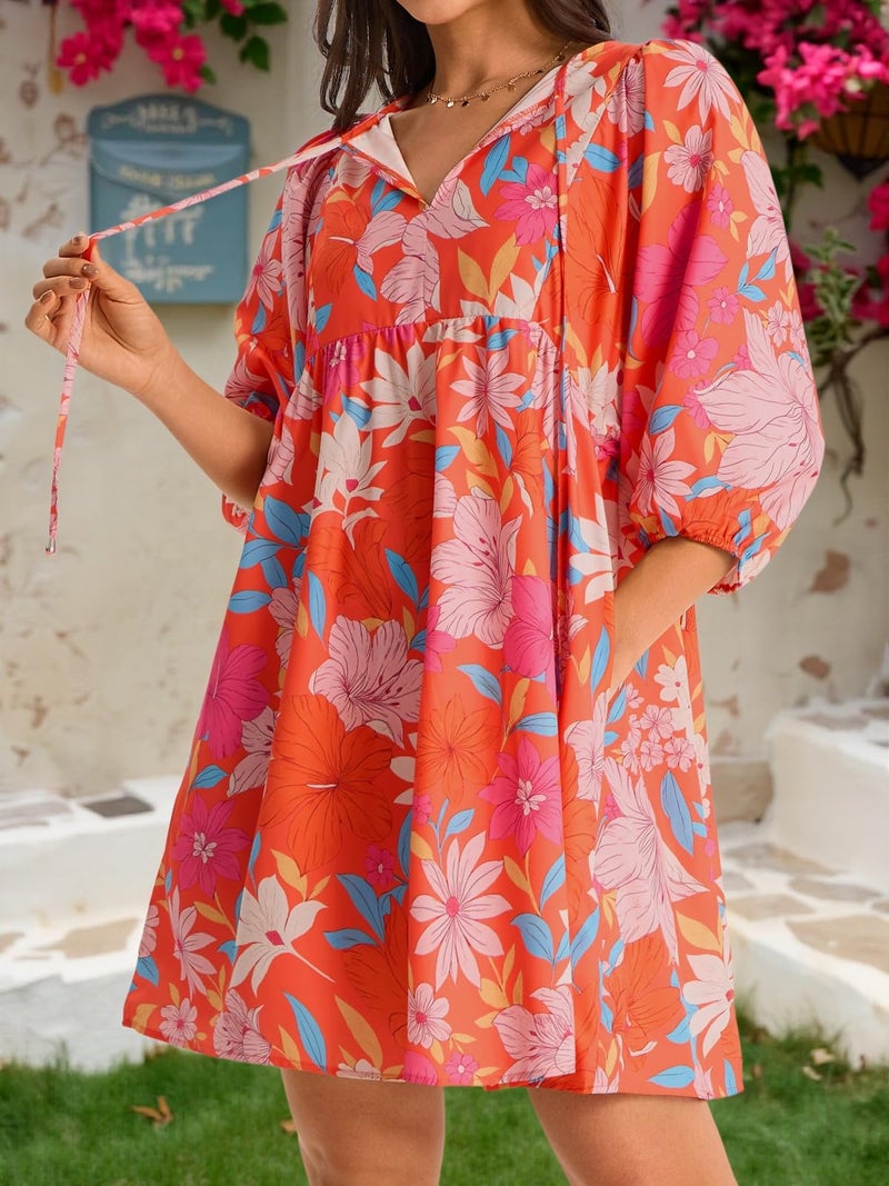 Yousify Summer Dresses for Women V Neck Drawstring Lantern Sleeve Floral Mini Dress Loose Fit Vacation Sundress Orange Red - Image 2