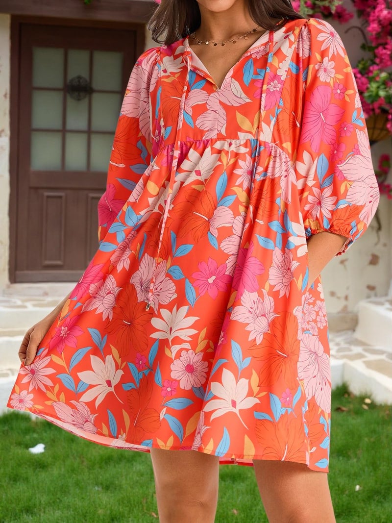 Yousify Summer Dresses for Women V Neck Drawstring Lantern Sleeve Floral Mini Dress Loose Fit Vacation Sundress Orange Red - Image 4