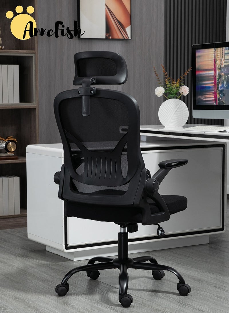 AnneFish Ergonomic Mesh Office Chair Adjustable Lumbar Comfortable High Back Executive Swivel Computer Office Chair with Flip-up Armrests Comfortable Headrest - Image 3