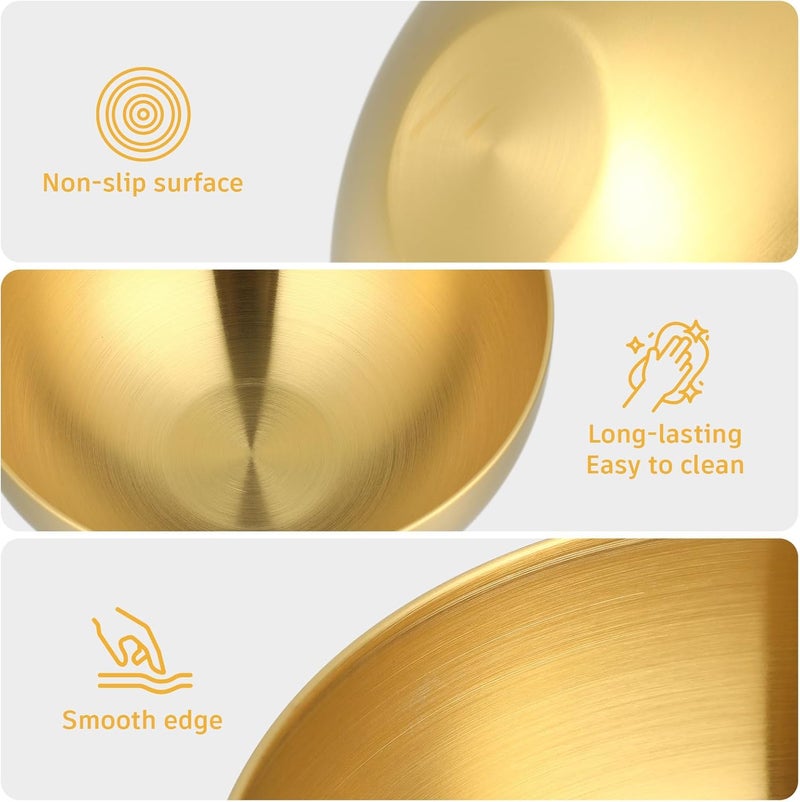 Luxshiny 2pcs Korean Stainless Steel Bowls, Metal Serving Bowl Small Mixing Bowl Salad Bowls Dessert Bowls Kitchen Prep Bowl for Cereal Noodle Ramen Snacks Gold - Image 3