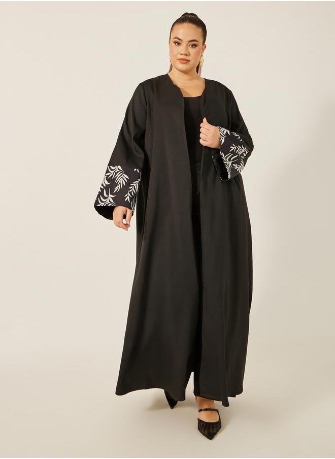 Styli Plus Size A-Line Front Open Abaya with Printed Tonal Detail  - Image 1