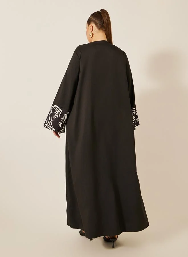 Styli Plus Size A-Line Front Open Abaya with Printed Tonal Detail