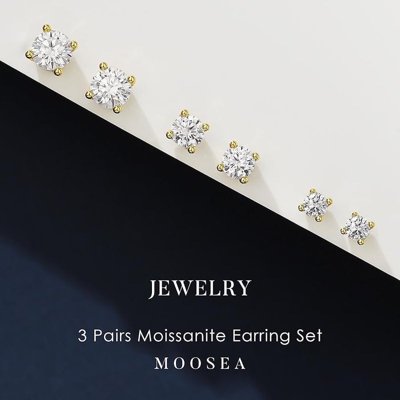 MOOSEA Moissanite Flat Back Earrings for Women Men, D Color VVS1 Clarity Lab Created Moissanite Cartilage Earrings for Women Men, 925 Sterling Silver Hypoallergenic - 3 Pairs Stud Earring Set - Image 3