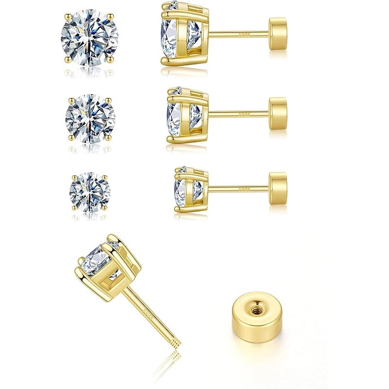 MOOSEA Moissanite Flat Back Earrings for Women Men, D Color VVS1 Clarity Lab Created Moissanite Cartilage Earrings for Women Men, 925 Sterling Silver Hypoallergenic - 3 Pairs Stud Earring Set - Image 1